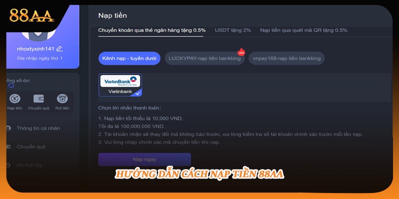 Hướng dẫn nạp tiền 88AA